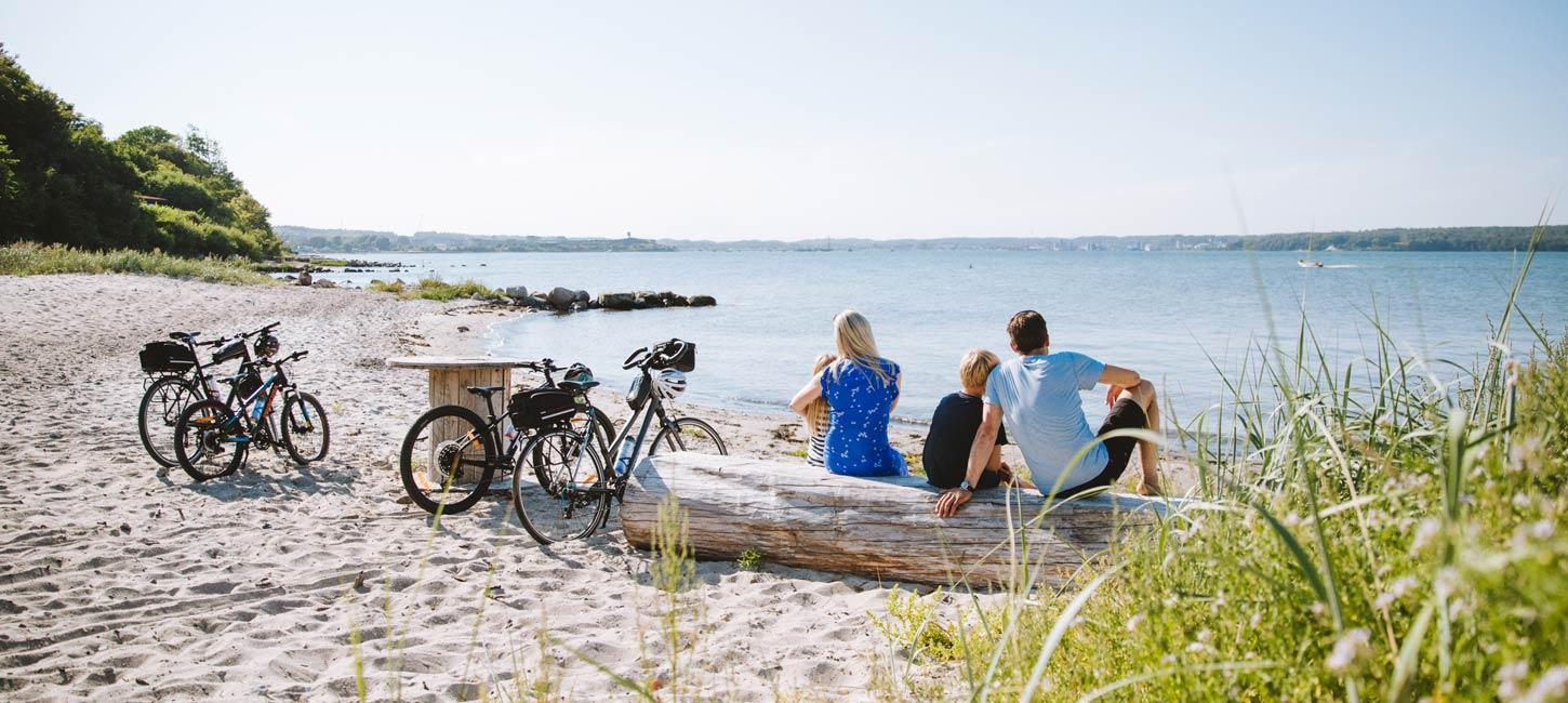 Gezin zit op het strand en kijkt uit over het water, met fietsen naast zich