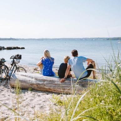 Gezin zit op het strand en kijkt uit over het water, met fietsen naast zich