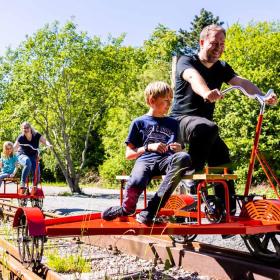 Volwassenen en kinderen op railsfietsen in Aabenraa